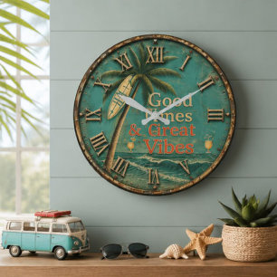 Beach Vibes Good Times Great Vibes Tropical Large Clock