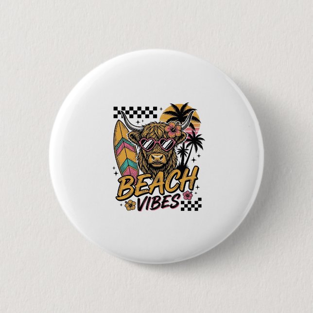 Beach Vibes Highland Cow Summer Vector Art_1 Button (Front)