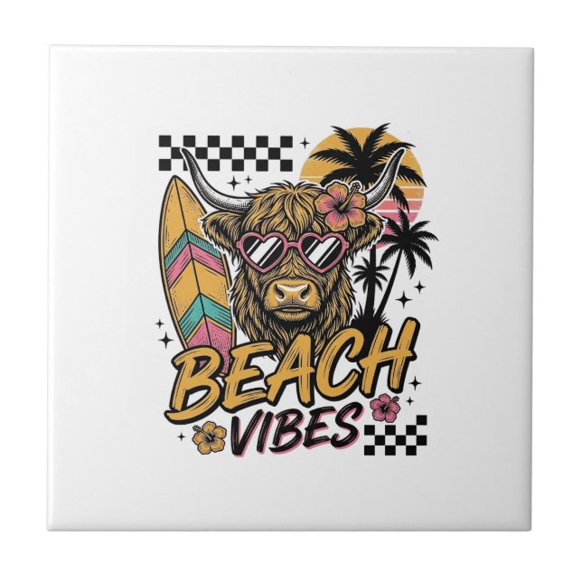 Beach Vibes Highland Cow Summer Vector Art_1 Ceramic Tile (Front)