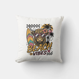Beach Vibes Highland Cow Summer Vector Art_1 Throw Pillow