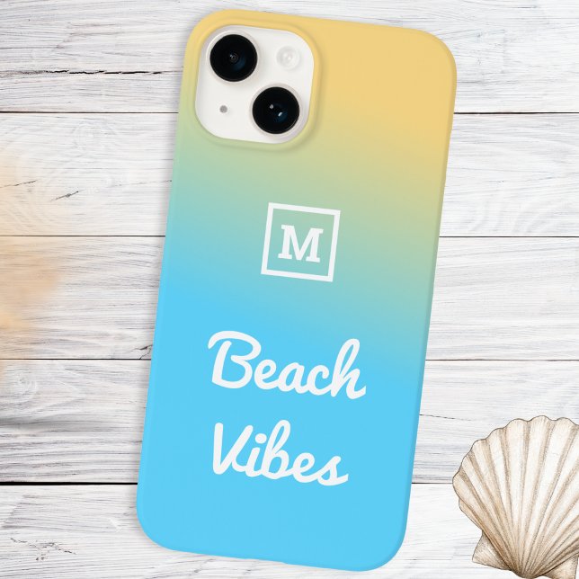 Beach Vibes Modern Blue Yellow Ombre Monogrammed Case-Mate iPhone Case (A beach themed phone case with yellow and blue ombre design, personalized with a monogram initial)