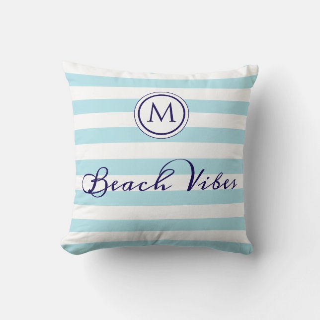 Beach Vibes Monogram Striped Light Blue White Throw Pillow (Front)