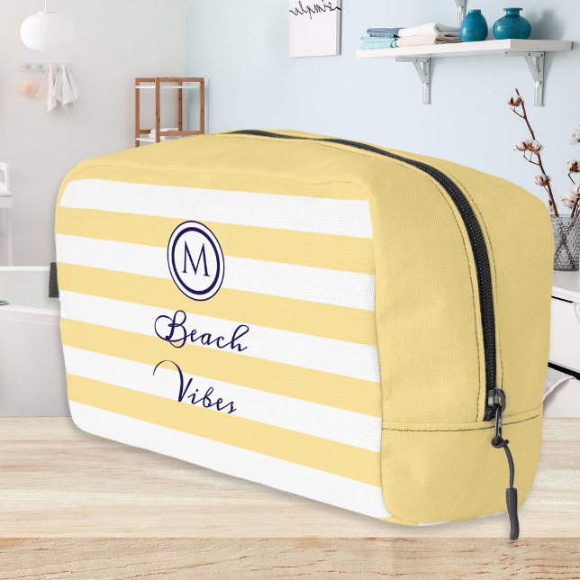 Beach Vibes Monogrammed Yellow & White Striped Dopp Kit (A toiletry bag with fresh buttermilk yellow stripes, monogram and 'Beach Vibes' in script typography)