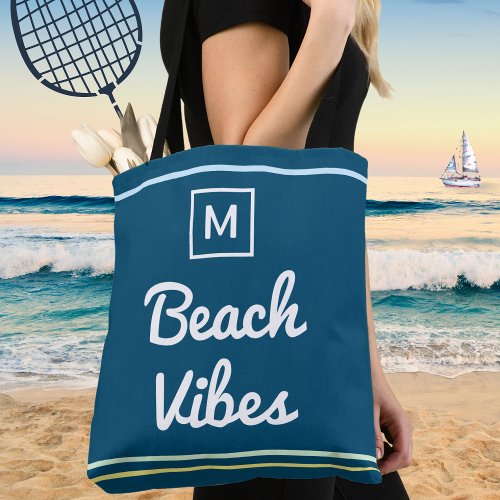 Beach Vibes Navy Blue Ocean Summer Chic Monogram Tote Bag