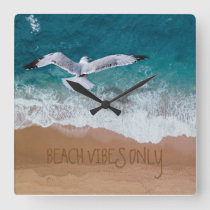 Beach Vibes Only Seashore Coastal Seagull Square Wall Clock