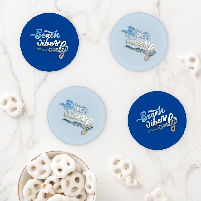 Beach Vibes Only Typography Blue Coaster Set (In Situ)