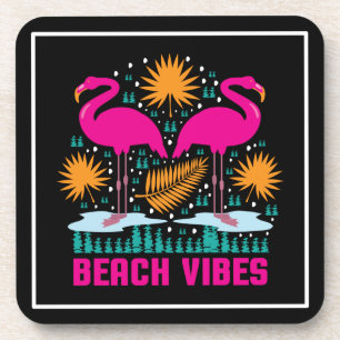 Beach Vibes Pink Flamingos Design Beverage Coaster