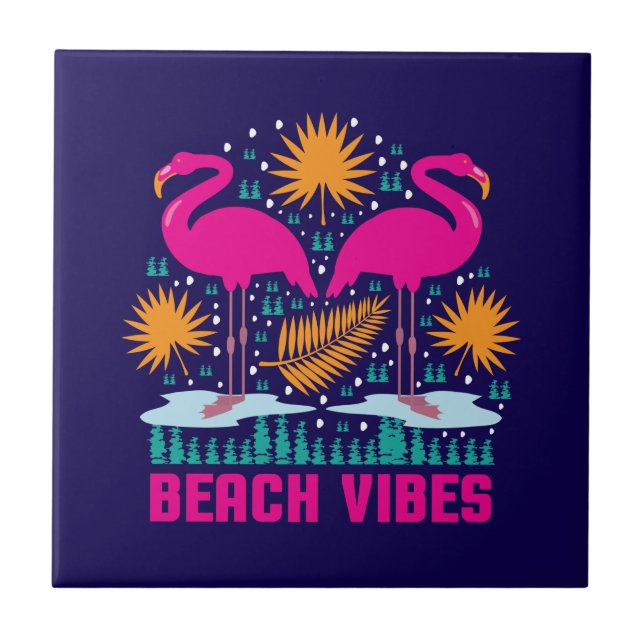 Beach Vibes Pink Flamingos Design Ceramic Tile (Front)