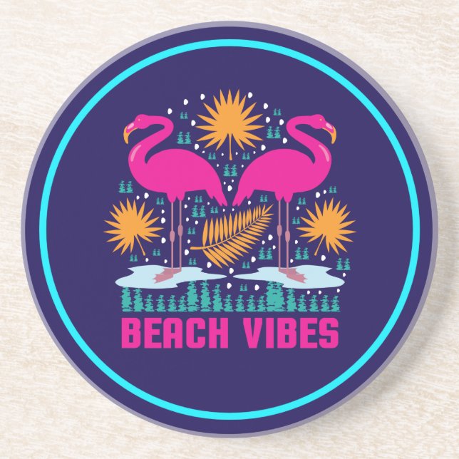 Beach Vibes Pink Flamingos Design Coaster (Front)