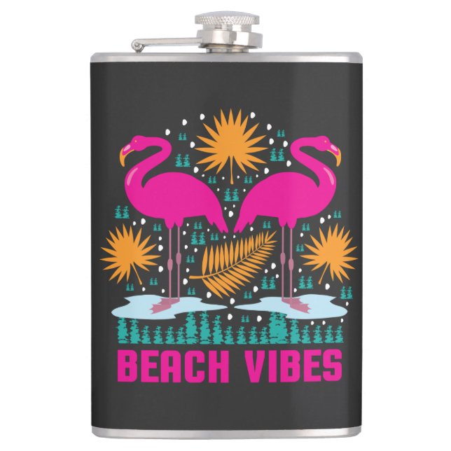 Beach Vibes Pink Flamingos Design Flask (Front)