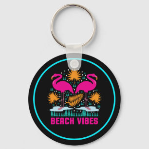 Beach Vibes Pink Flamingos Design Keychain