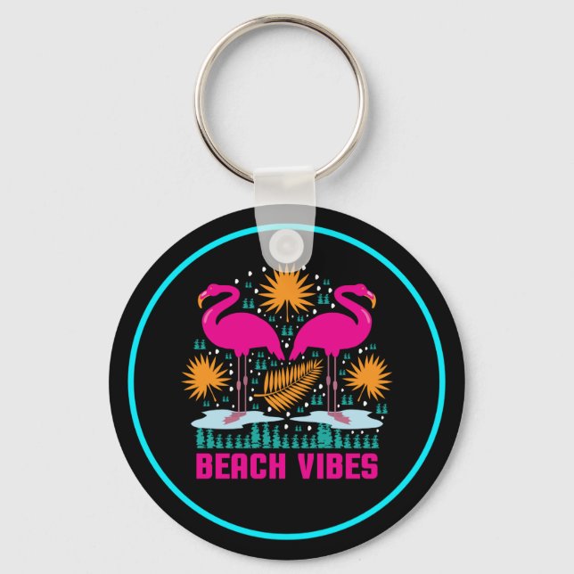 Beach Vibes Pink Flamingos Design Keychain (Front)