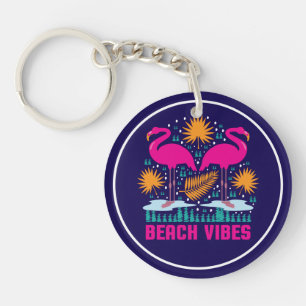 Beach Vibes Pink Flamingos Design Keychain