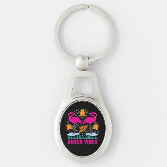 Beach Vibes Pink Flamingos Design Keychain (Front)