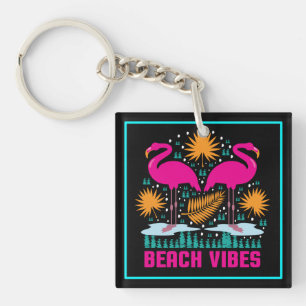 Beach Vibes Pink Flamingos Design Keychain