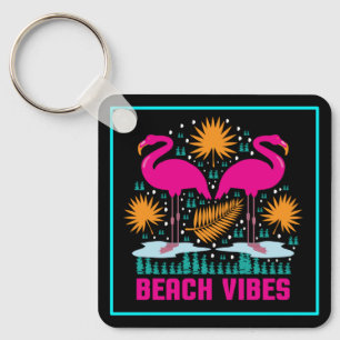 Beach Vibes Pink Flamingos Design Keychain