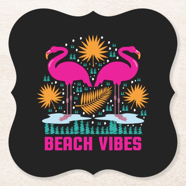 Beach Vibes Pink Flamingos Design Paper Coaster (Front)