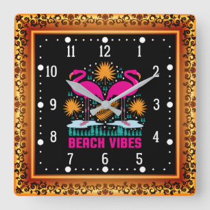 Beach Vibes Pink Flamingos Design Square Wall Clock