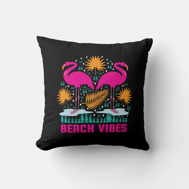 Beach Vibes Pink Flamingos Design Throw Pillow (Front)