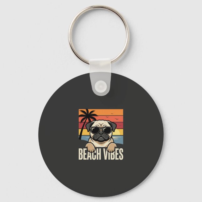 Beach Vibes Pug Dog Sunset Keychain (Front)