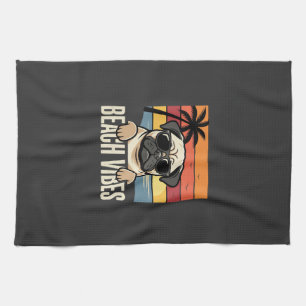 Beach Vibes Pug Dog Sunset Kitchen Towel