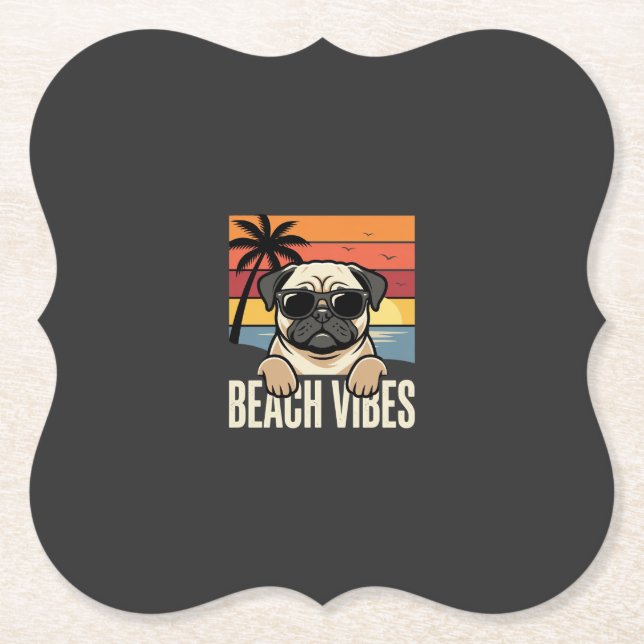 Beach Vibes Pug Dog Sunset Paper Coaster (Front)
