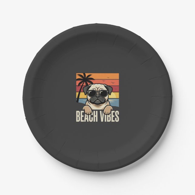 Beach Vibes Pug Dog Sunset Paper Plates (Front)