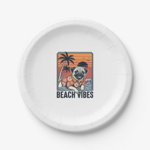 Beach Vibes Pug Vintage Engraving Design_1 Paper Plates