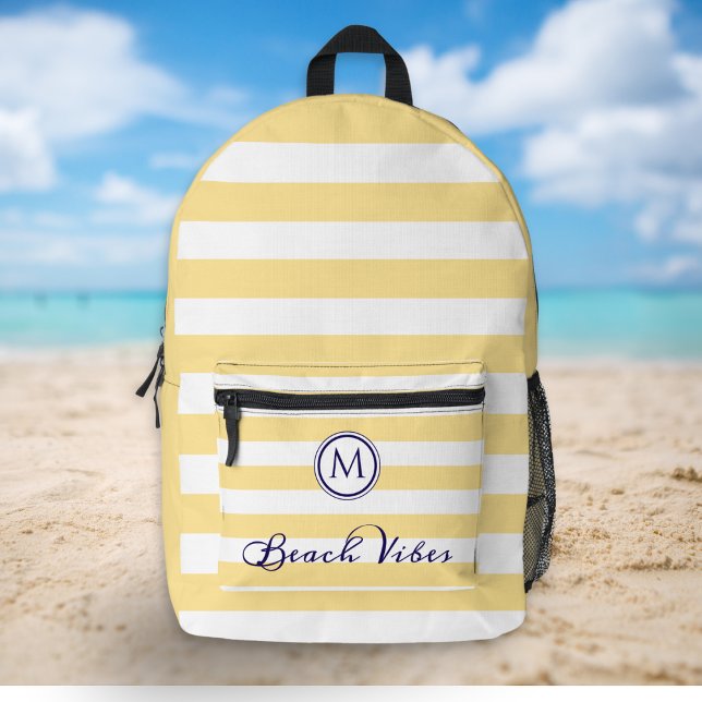 Beach Vibes Summer Yellow White Stripes Monogram Printed Backpack (A yellow and white striped backpack with 'Beach Vibes' caption and custom monogram initial)