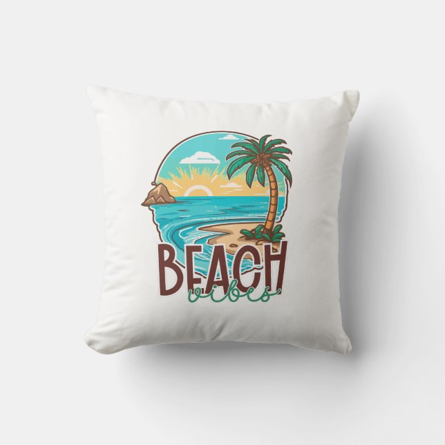 Beach Vibes Sunset – Tropical Palm Tree & Ocean  Throw Pillow (Front)