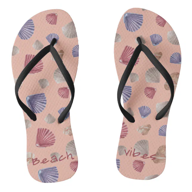 Beach Vibes text and shells on Flip Flops | Zazzle