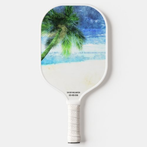 Beach Vibes Watercolor Palm Tree Sand Custom Text Pickleball Paddle