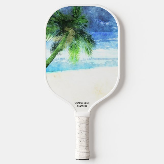 Beach Vibes Watercolor Palm Tree Sand Custom Text Pickleball Paddle (Front)