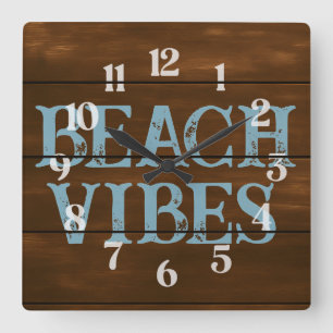 Beach Vibes Wording on Dark Wood Boards Square Wall Clock