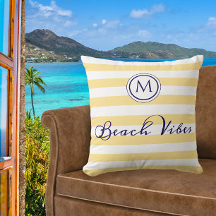Beach Vibes Yellow Stripe Monogrammed Summer Throw Pillow
