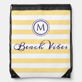 Beach Vibes Yellow White Stripe Coastal Monogram Drawstring Bag