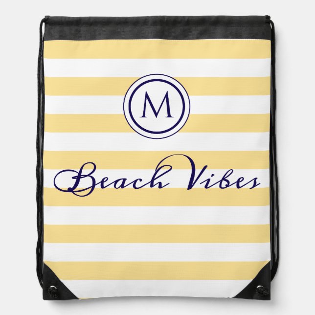 Beach Vibes Yellow White Stripe Coastal Monogram Drawstring Bag (Front)