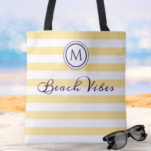 Beach Vibes Yellow White Stripe Coastal Monogram Tote Bag