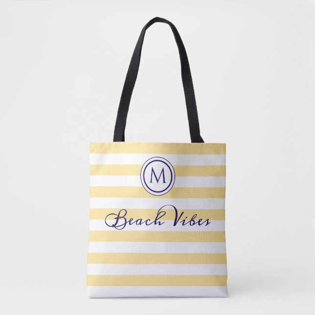 Beach Vibes Yellow White Stripe Coastal Monogram Tote Bag (Front)