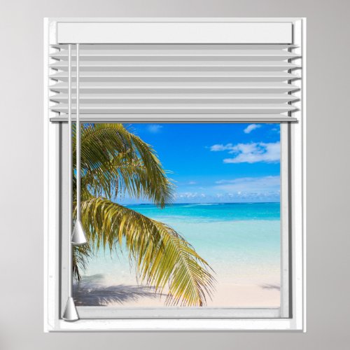 Beach View Artificial Window With Blinds Poster