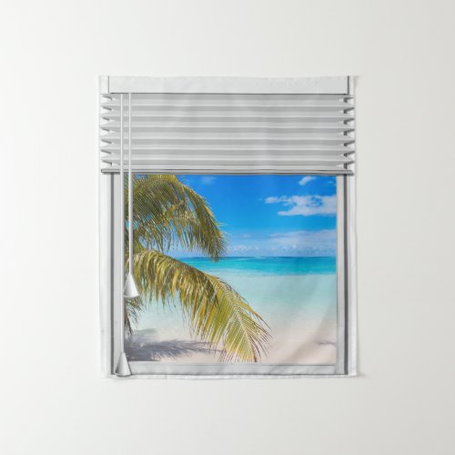 Beach View Artificial Window With Blinds Tapestry