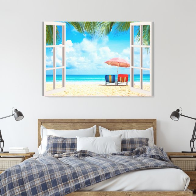 Beach View Fake Window Home Office  Canvas Print (Insitu(Bedroom))