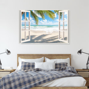 Beach View Fake Window Home Office Canvas Print