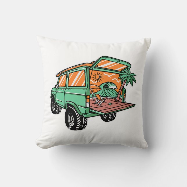 Beach View in the Car Illustration summer fun Throw Pillow (Front)