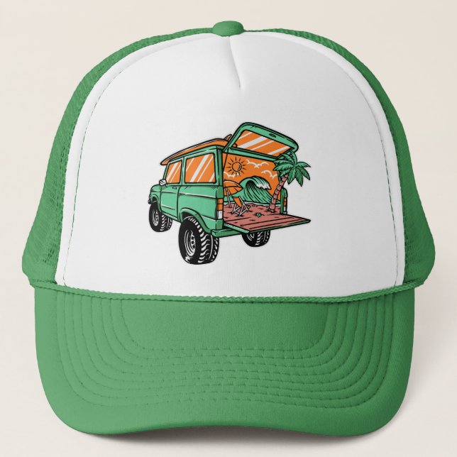 Beach View in the Car Illustration summer fun Trucker Hat (Front)