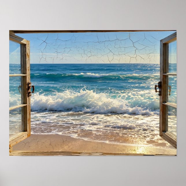 Beach View Through Open Window Art Poster (Front)
