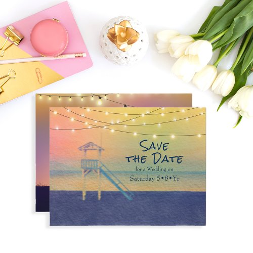 Beach View Watercolor String Lights Photo Announcement Postcard