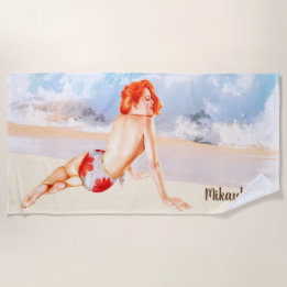 Beach Vintage Redhead Pinup Girl and Ocean Beach Towel