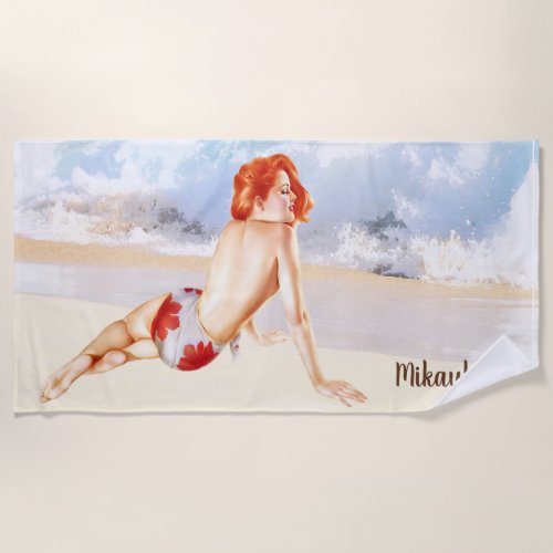 Beach Vintage Redhead Pinup Girl and Ocean Beach Towel