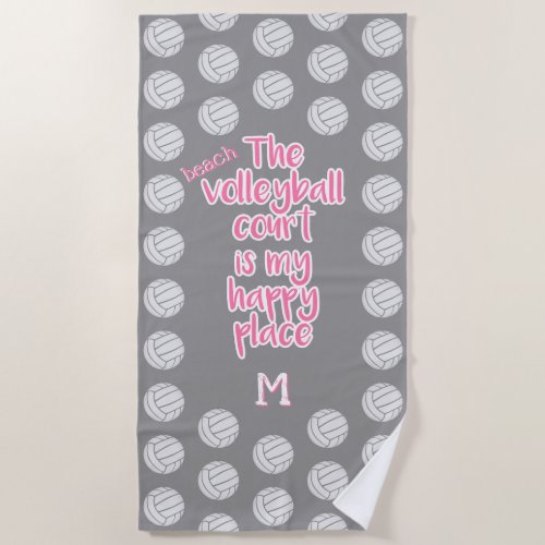 beach volleyball court happy place monogrammed beach towel